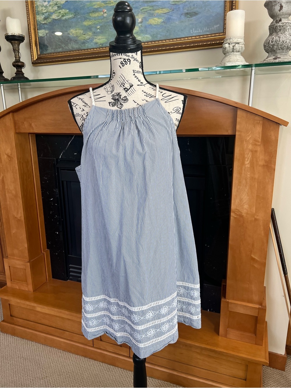 Vineyard Vines Blue Pinstripe Halter Dress with Lace Trim